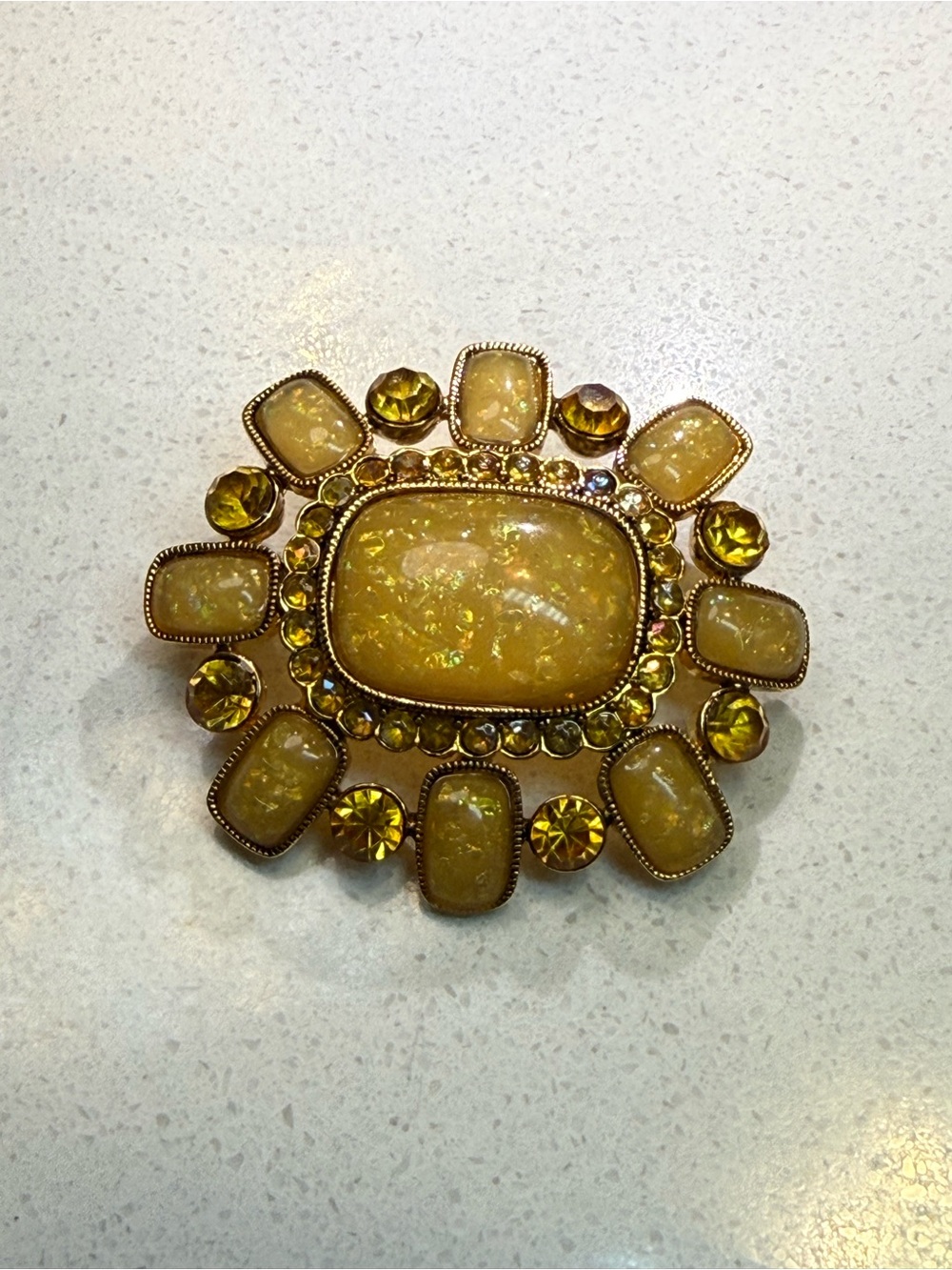 Gold-Tone Vintage Lucite Yellow Cabochon Sunburst Brooch with Rhinestones